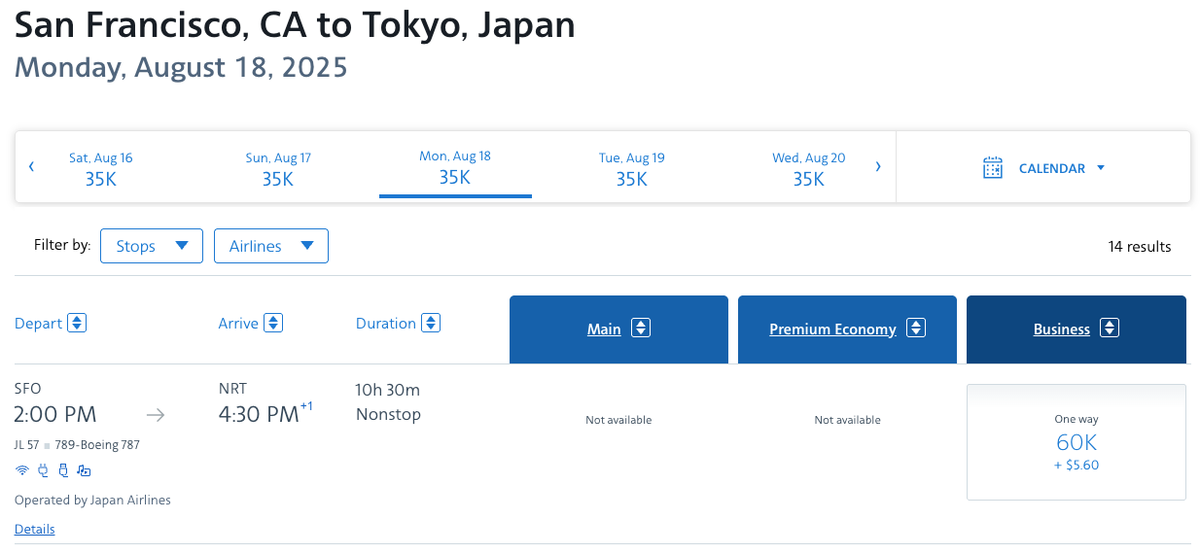 SFO NRT AA award example